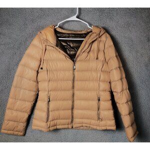 CALVIN KLEIN Premium Down Packable Medium Tan Quilted Hood Zip Puffer Jacket